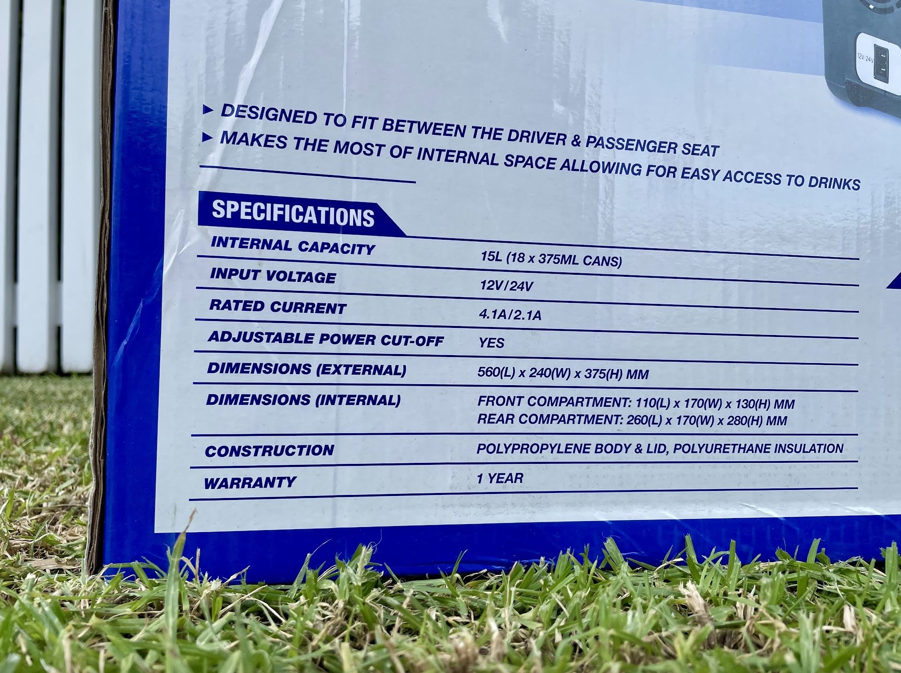 Kings 12V console fridge specifications on packaging