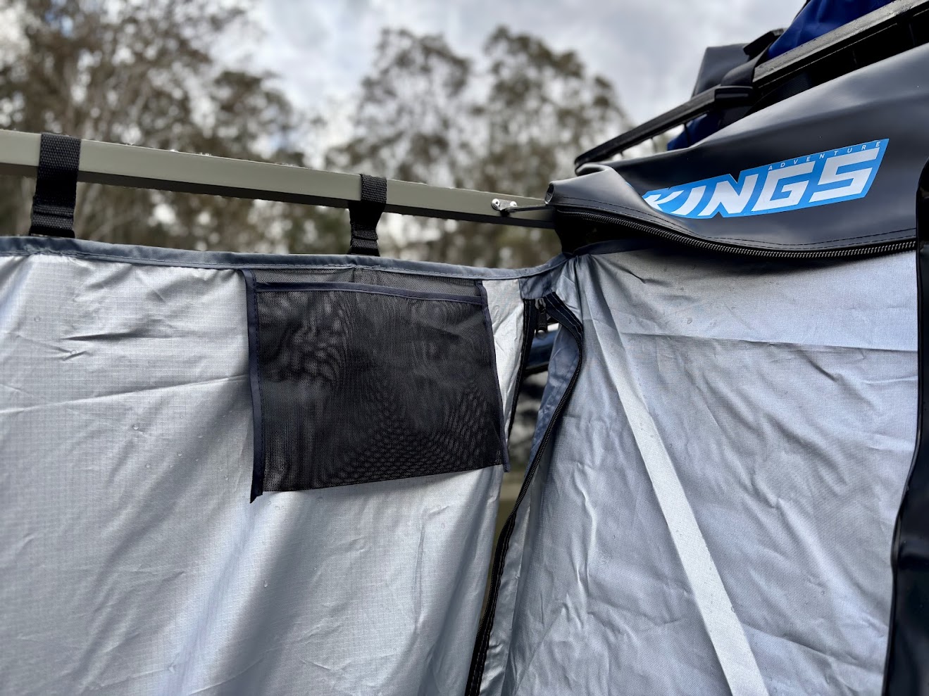 Kings Shower Tent with storage bags on both sides and zipper to open and close the ensuite