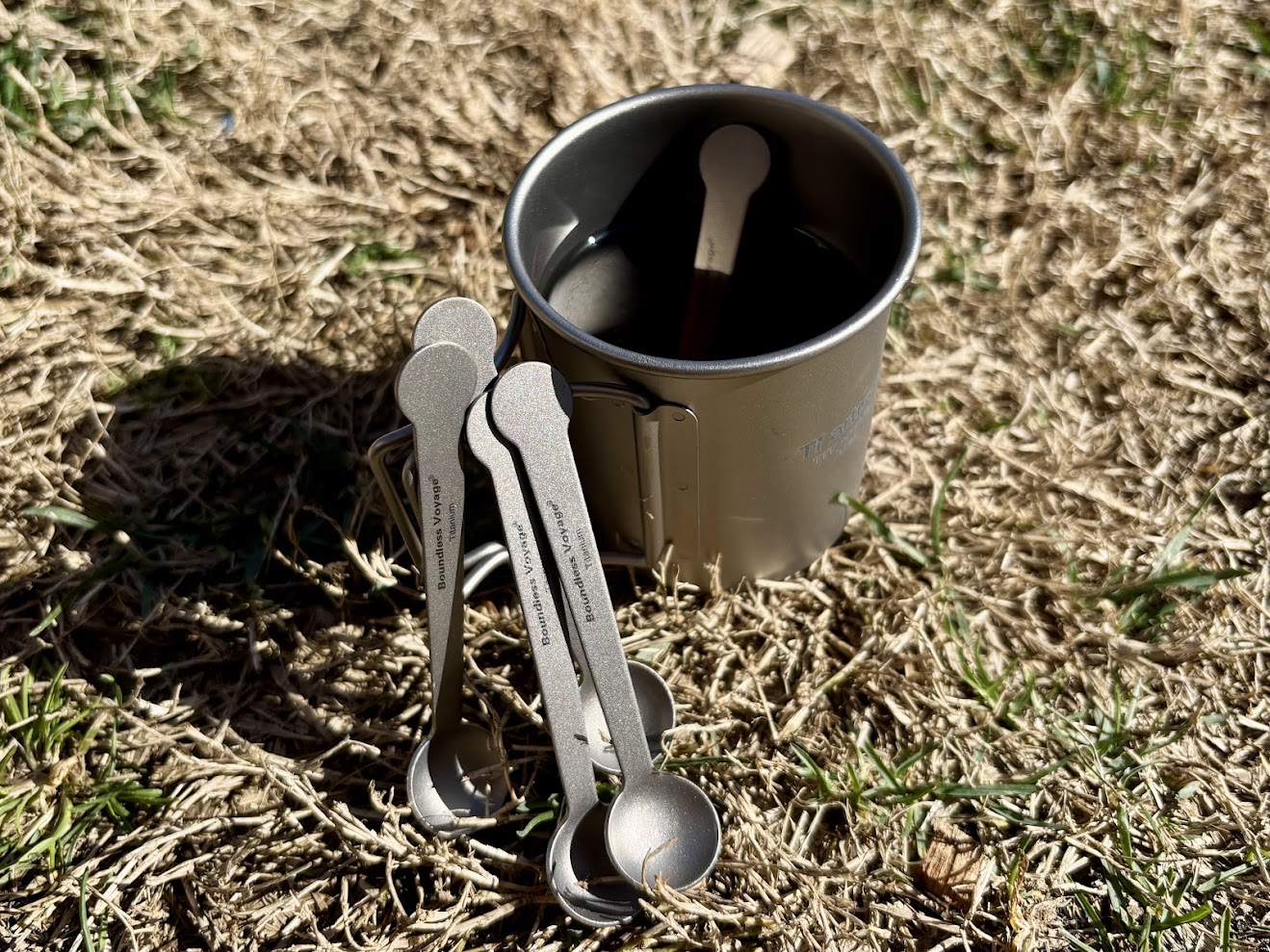 Boundless Voyage titanium esprresso spoons in coffee mug