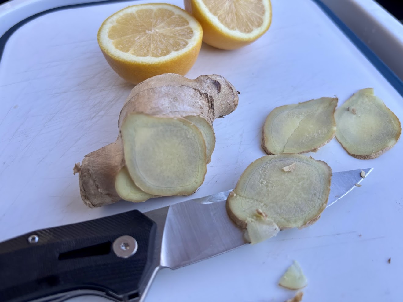 Cutting lemon and ginger at camp with this G10 folding knife