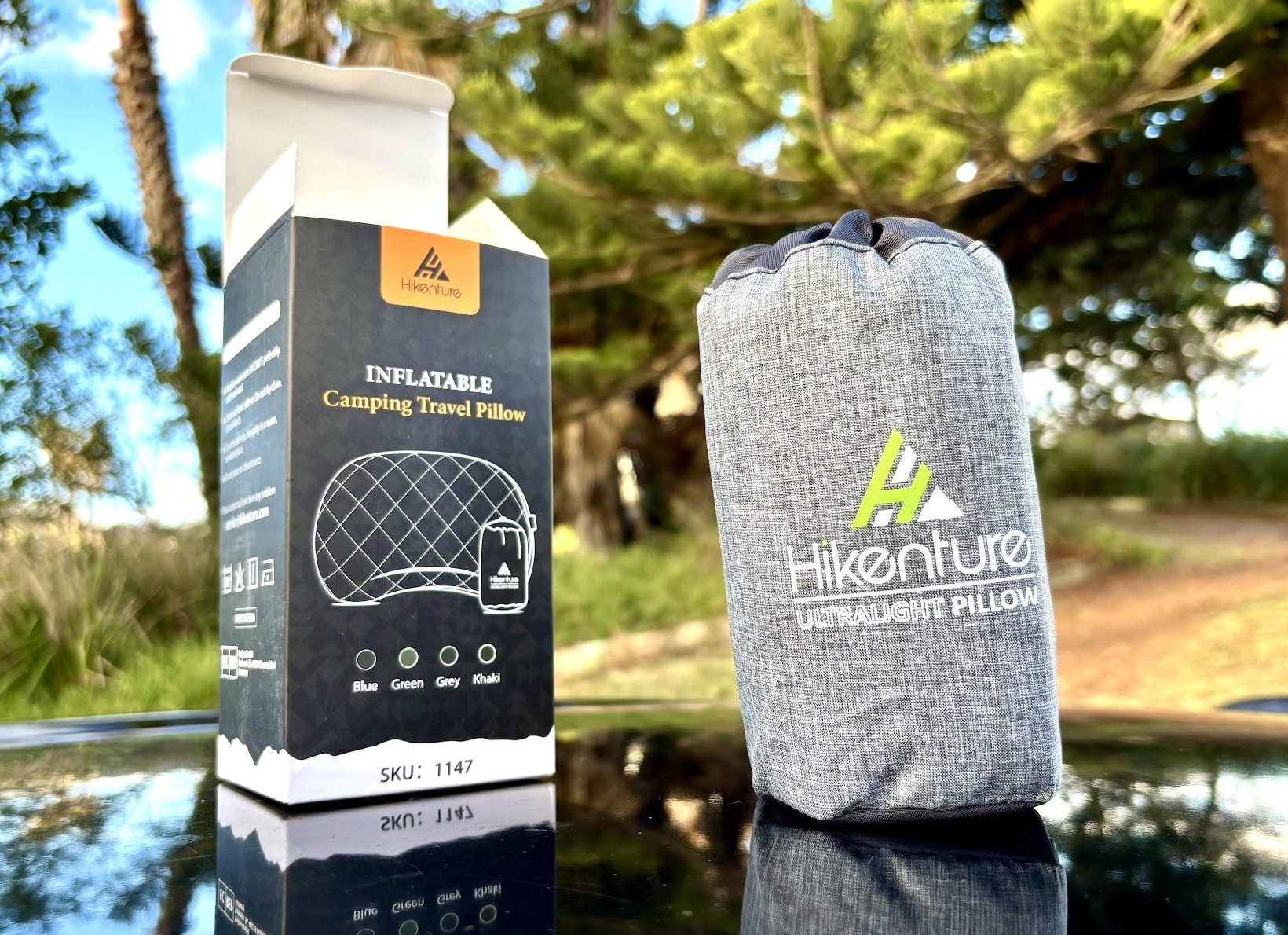 Packaging of the Hikenture inflatable camp pillow