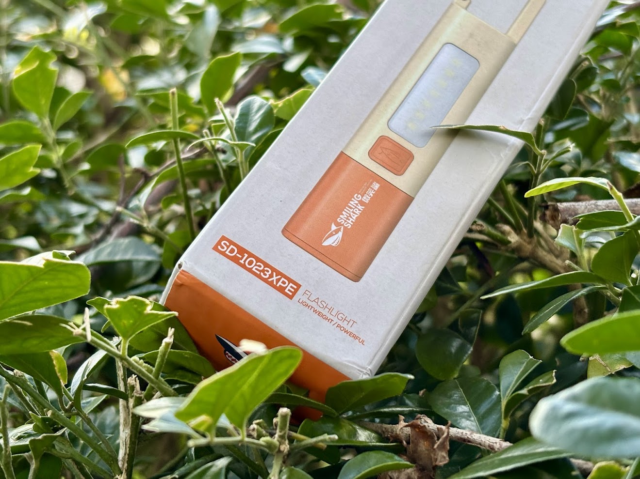 Packaging of the Smiling Shark camping torch