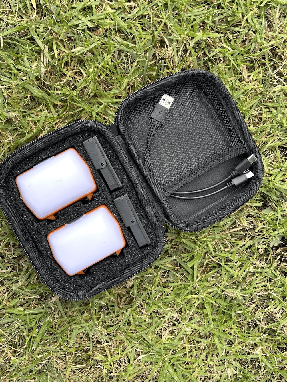 San Hima magnetic camping lights packed away in carry box with batteries and charging cable
