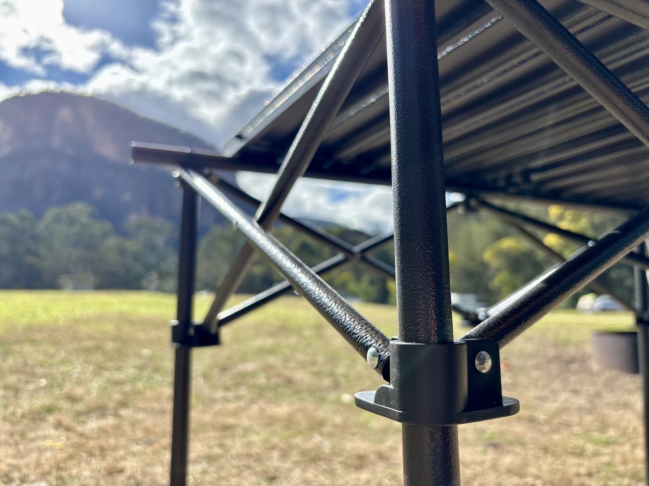 Steel legs of the portable Kings camping table at Coorongooba Campground