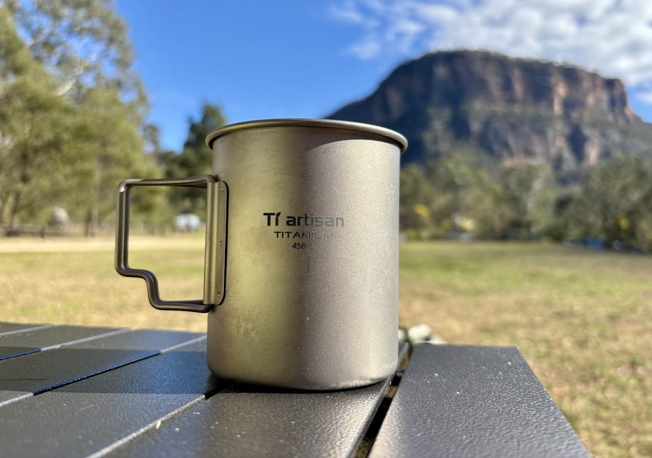The 450ml Ti Artisan titanium cup at Coorongooba Campground in Capertee
