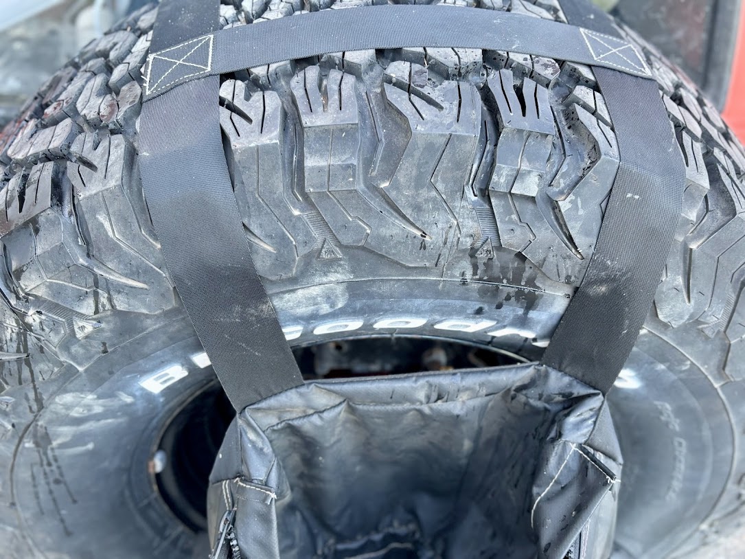 The Adventure Kings spare wheel bag fits snugly against the tyre