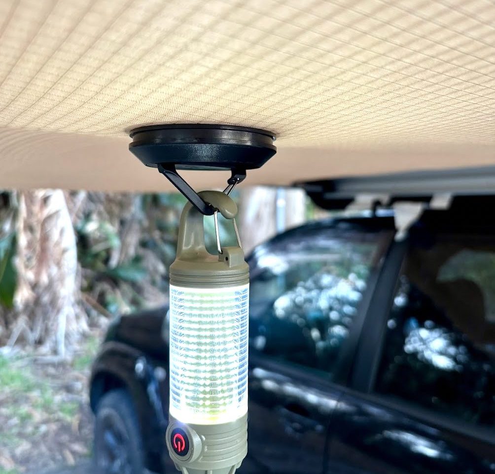 Using magnetic camping hooks for hanging mini camp lights under our XTM awning