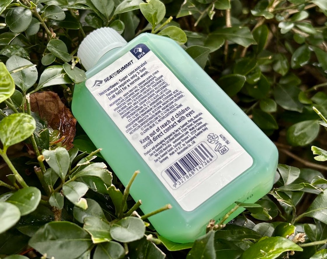 Back side of botle of the Sea to Summit shampoo with conditioner