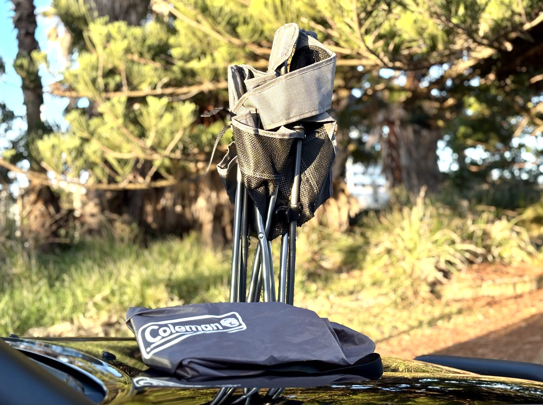 Coleman quad chair review out of carry bag, standing up folded on bonnet
