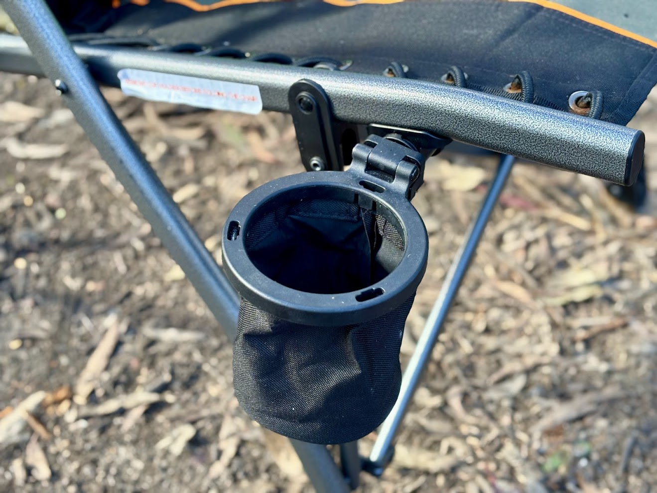 Cup holder on frame of Wanderer camp chair