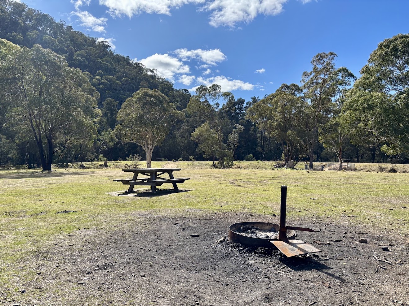 Firepit and picnic table at the Diggings Campground​