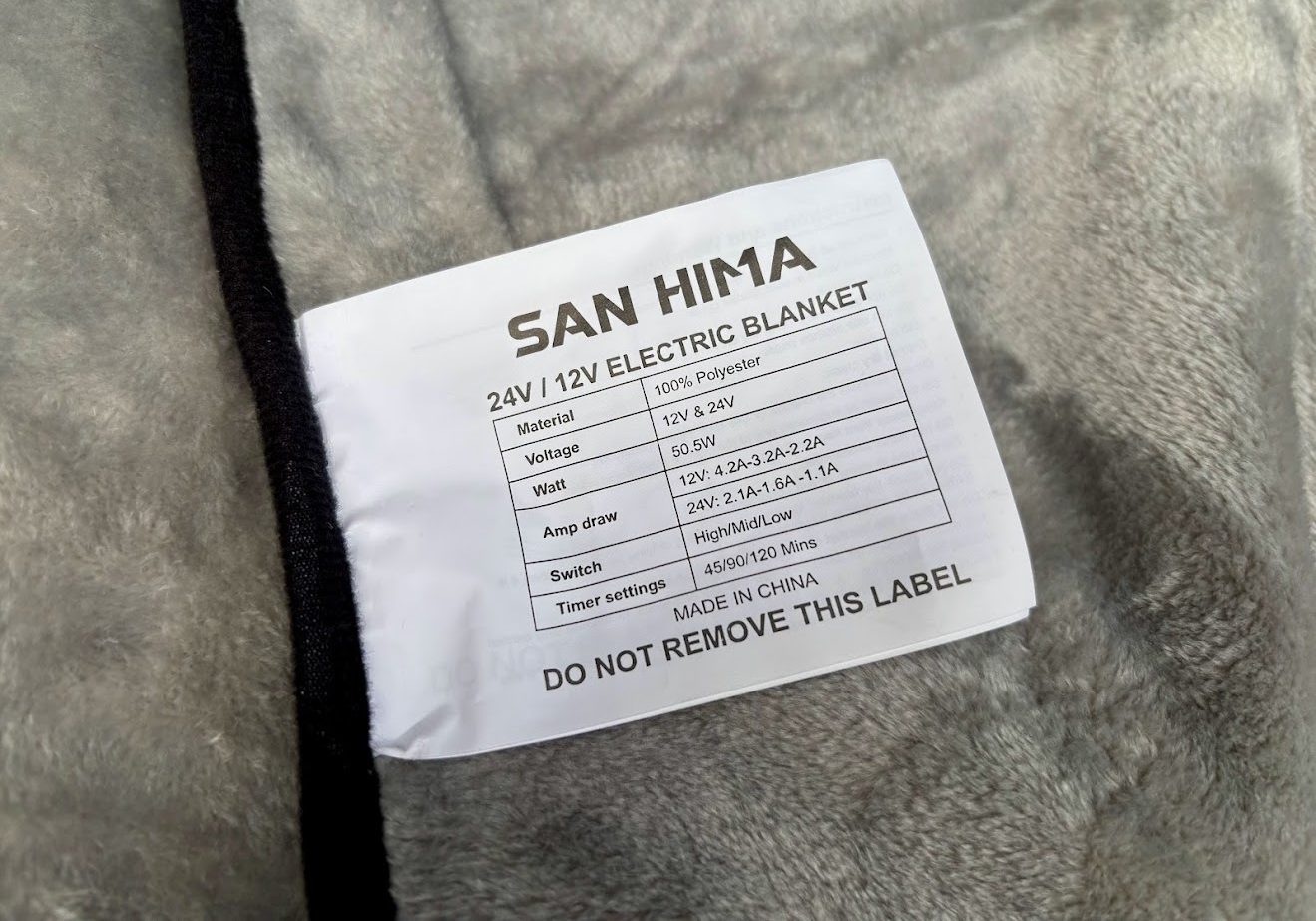 Product label of the San Hima 12V electric blanket for camping