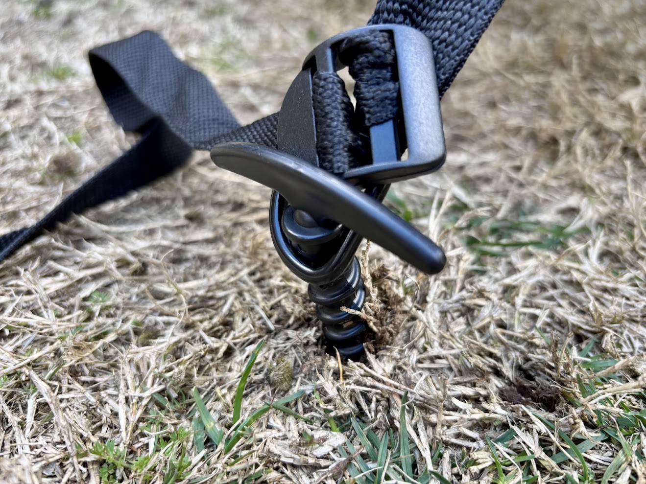 Sand tent pegs used at grassy campground to tie down Kings ensuite awning