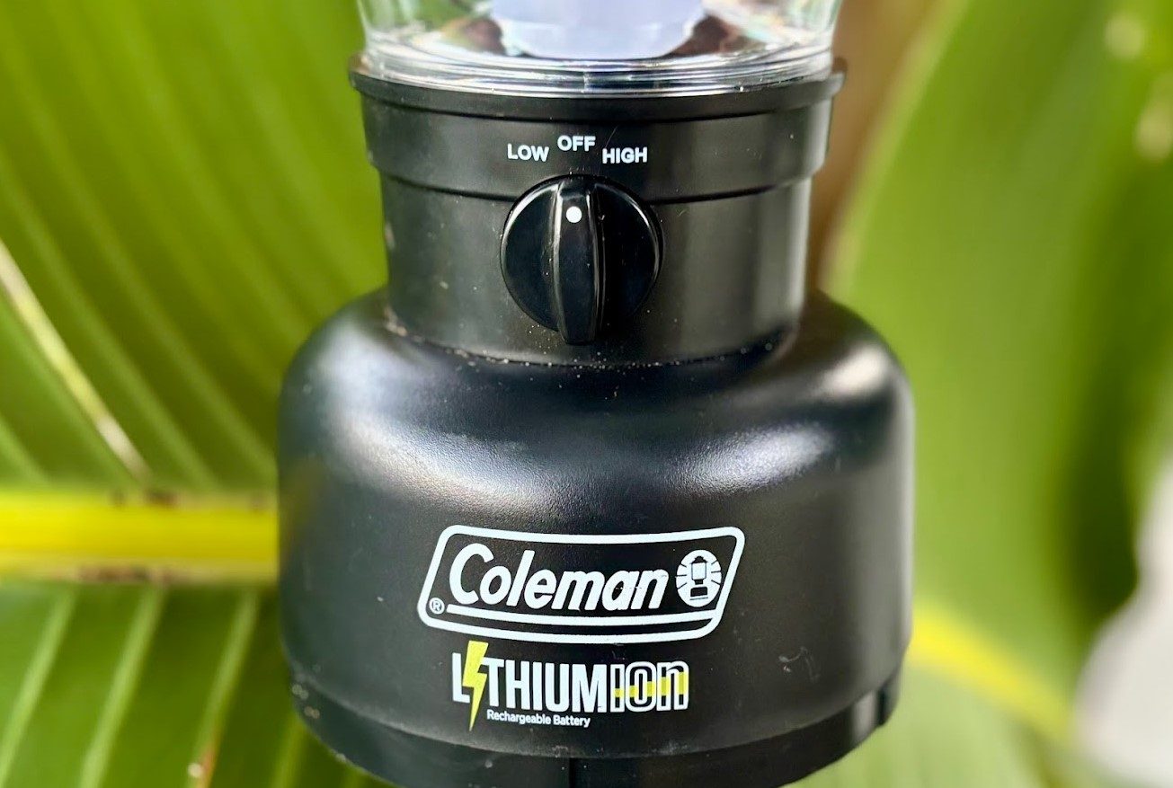 Close-up of power switch on Coleman LED​ lantern