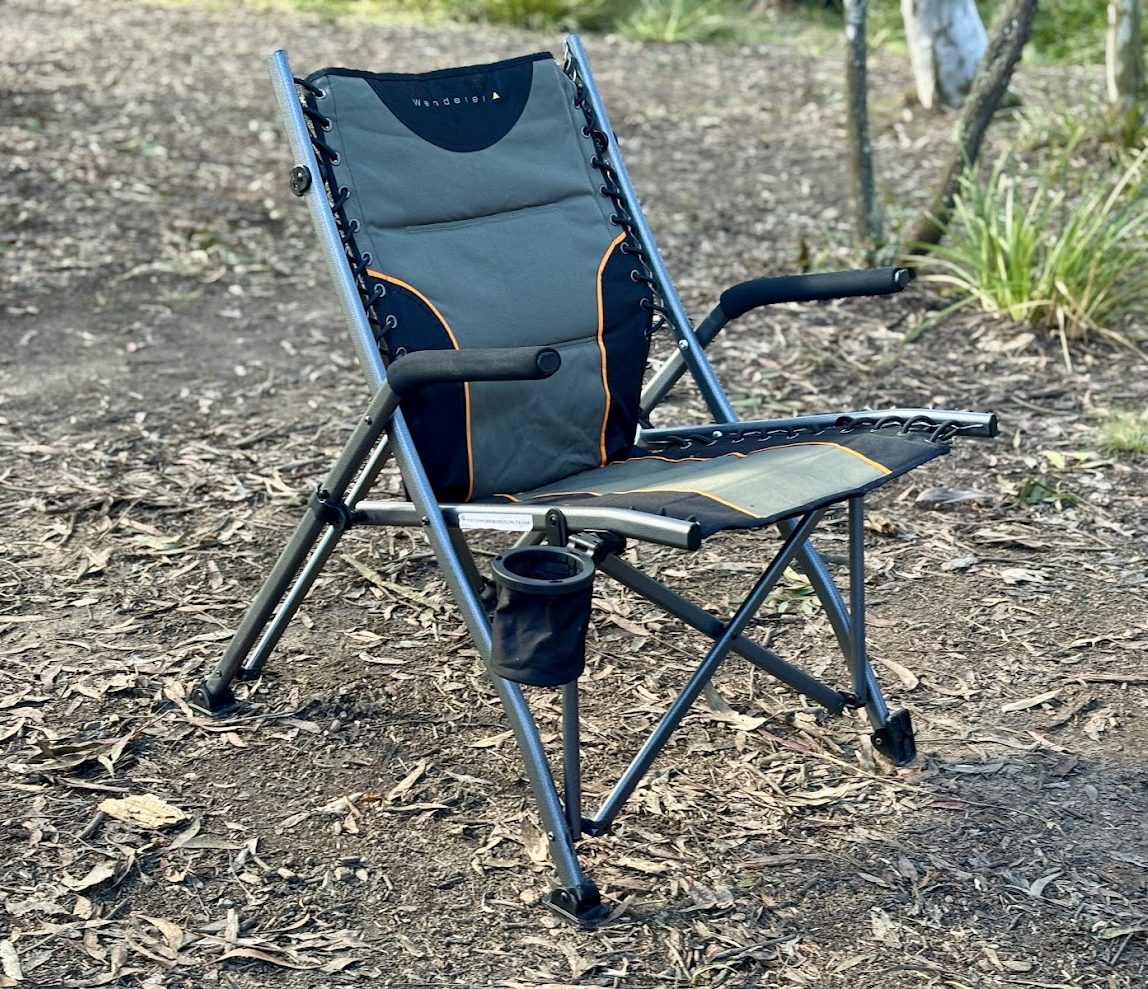 Wanderer camp chair folded open at campside