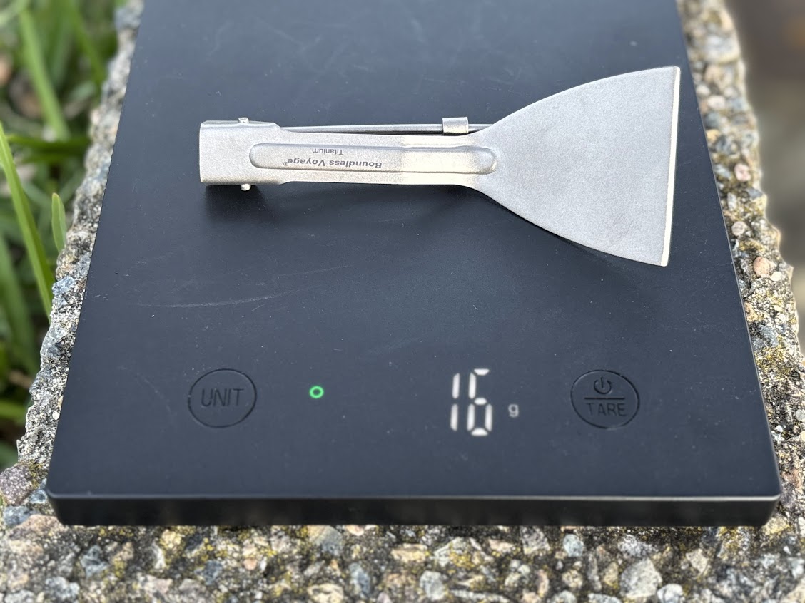 At a mere 16g the Boundless Voyage titanium spatula is barely a blip on the scale