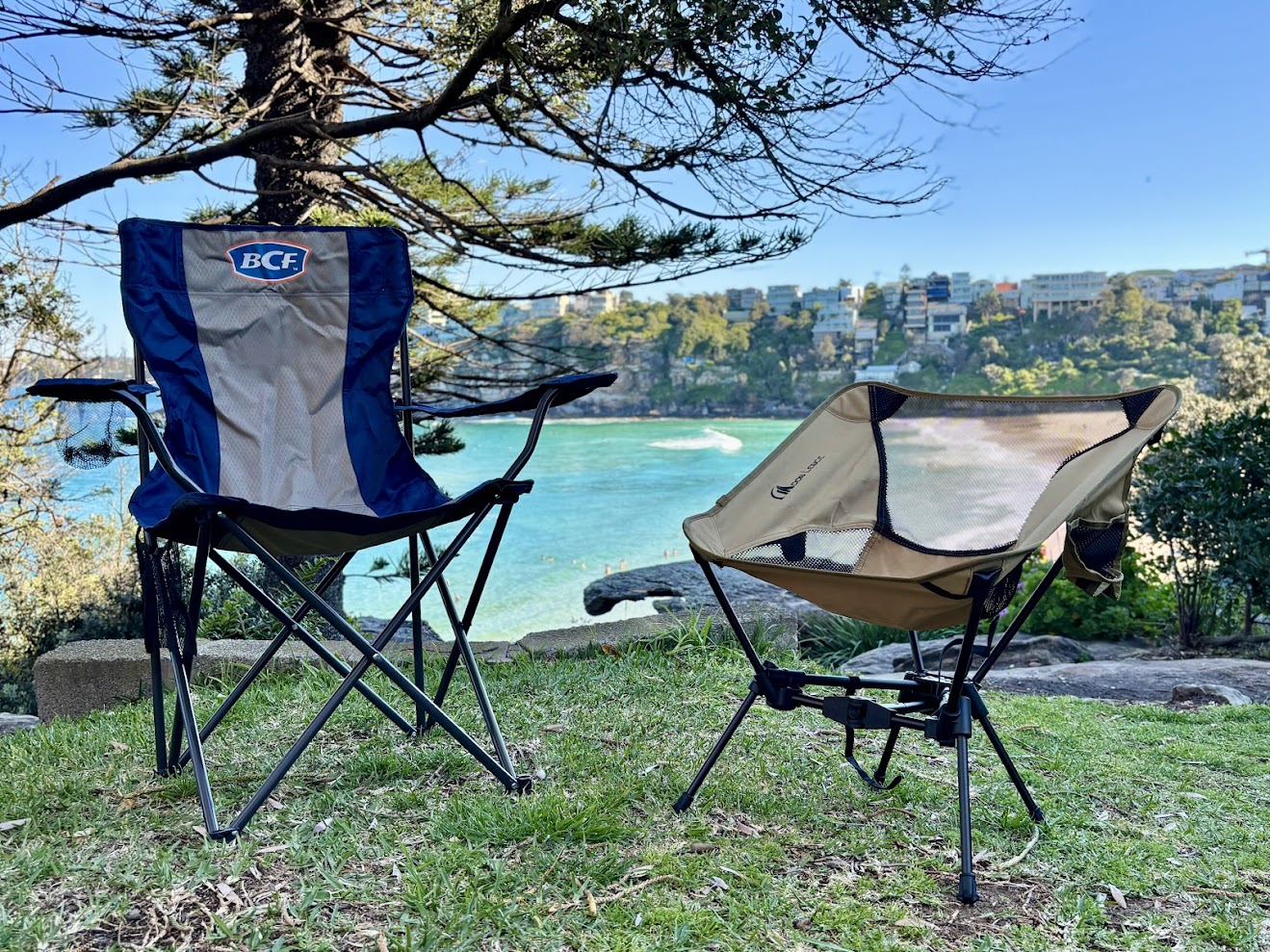 Comparing the size of the Moon Lence backpacking chair​​ which a regular size camp chair (BCF Quad Fold)