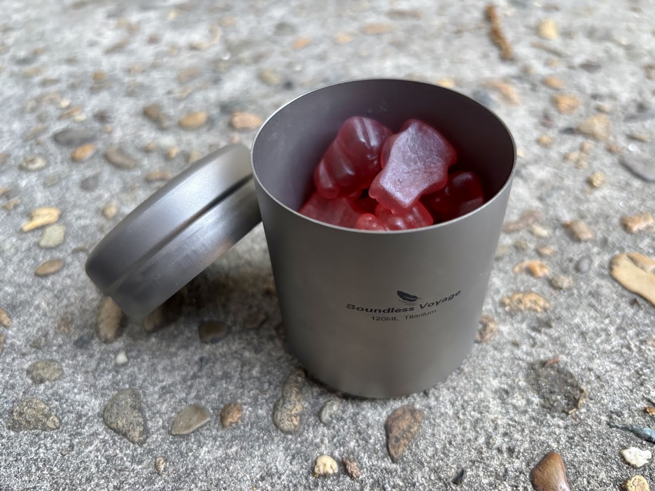 Storing gummy bears in the Boundless Voyage 120ml titanium canister with push-on lid
