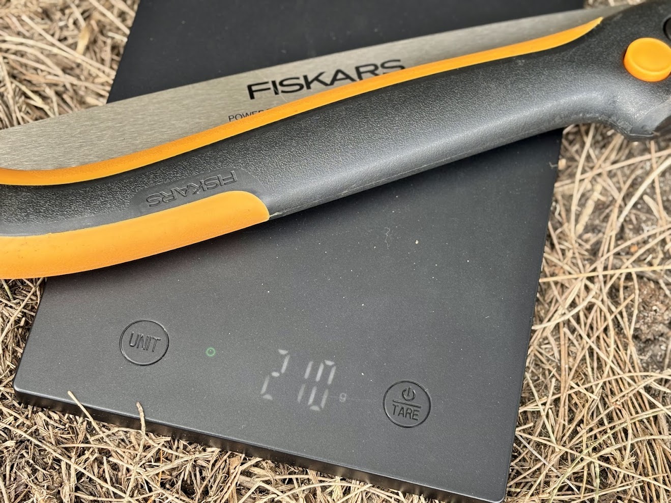 The Fiskars folding saw weighs just over 200 grams