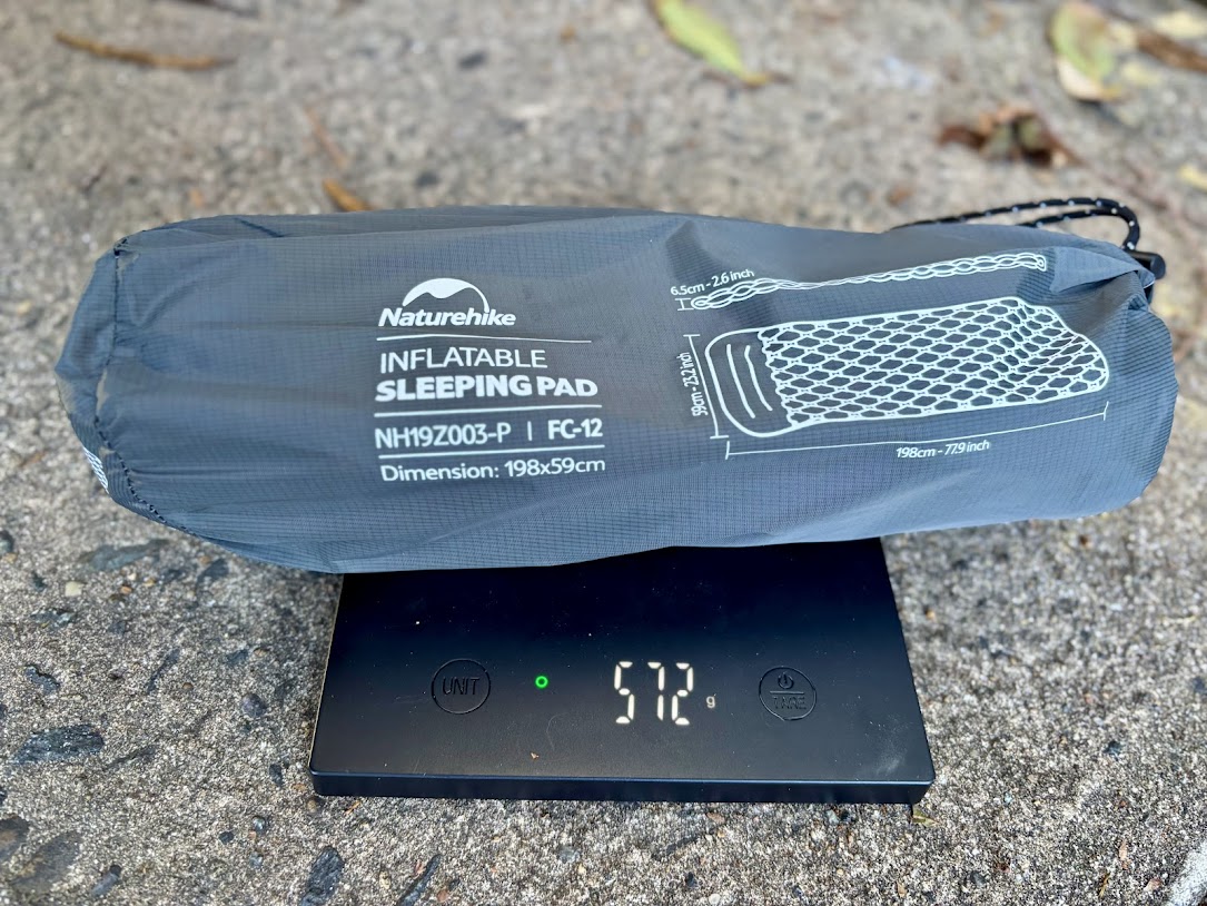 The Naturehike inflatable sleeping pad​ is one of the lightest pads I've used weighing just 570g