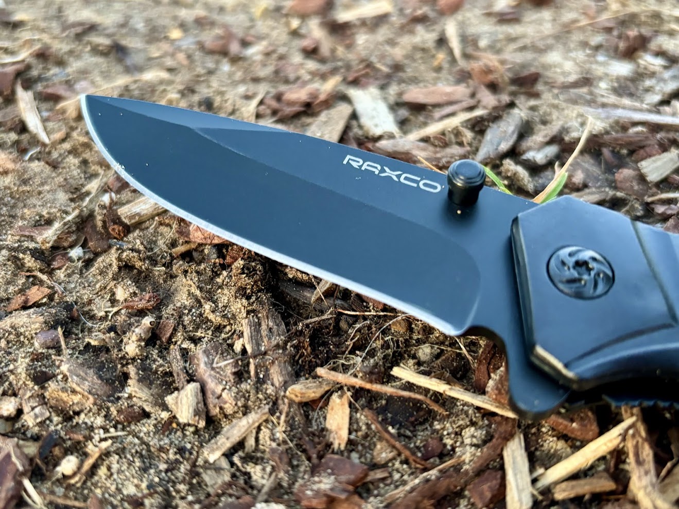 The blade of this Raxco knife has a black oxide coating which helps prevent rust