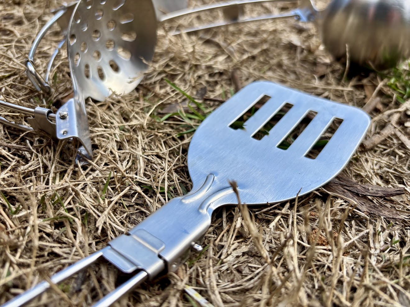 The hinges on these folding camp utensils are solid and the locking mechanism on the folding handles locks securely in place
