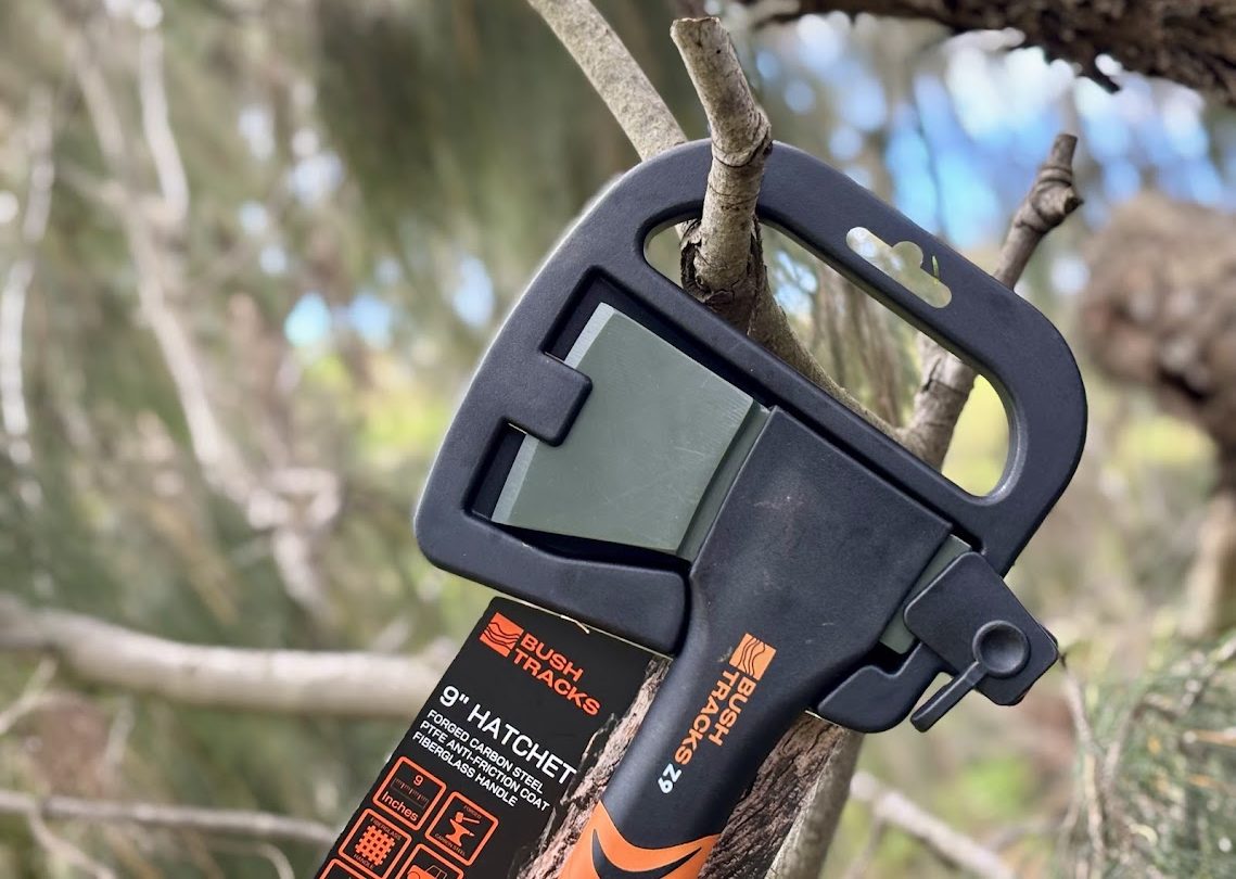 The sheath that come with the Bush Tracks Z9 Hatchet Axe is a simple but effective plastic cover that snaps securely over the blade