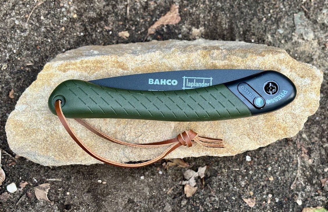 The two-component handle of the Bahco Lap folding saw has a slightly rubberised feel that gives you a confident grip