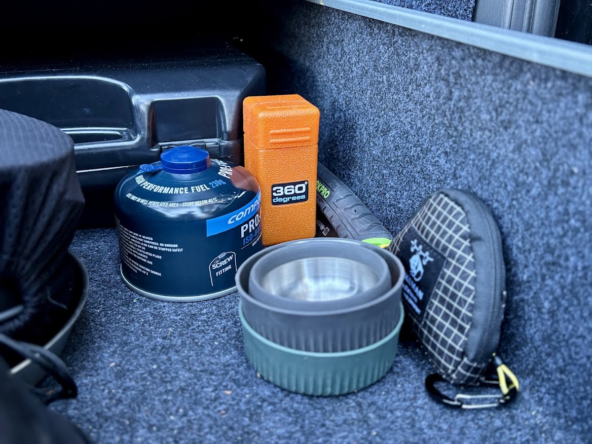 The ultralight and compact 360 degrees furno stove with accessories fits easily into the back of our 4WD