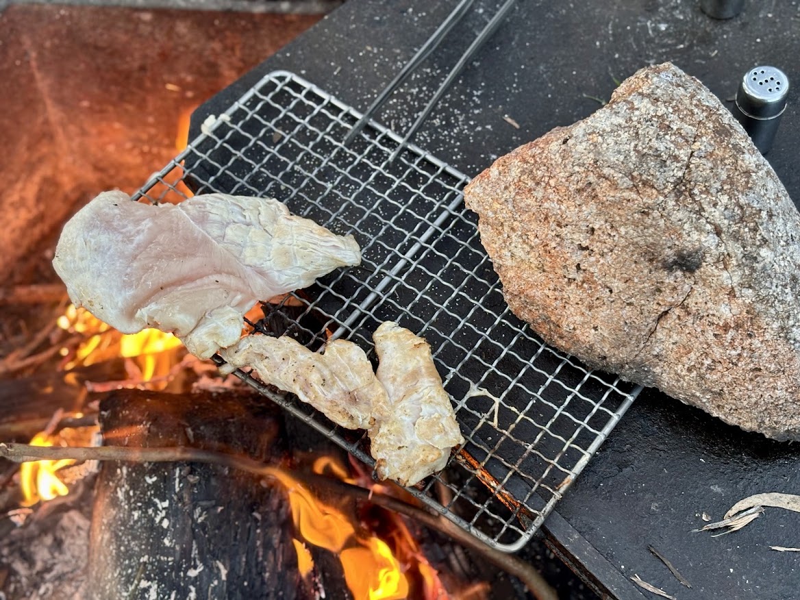 You have to find a way to get the titanium grill over your fire, either stack a few rocks or place it on the edge of the fire pit