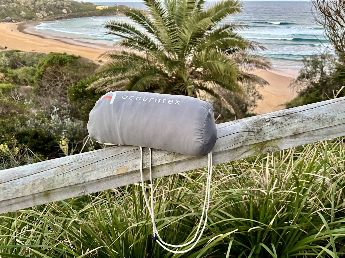the Accuratex pillow packs away small in a stuff sack with a handy carry cord