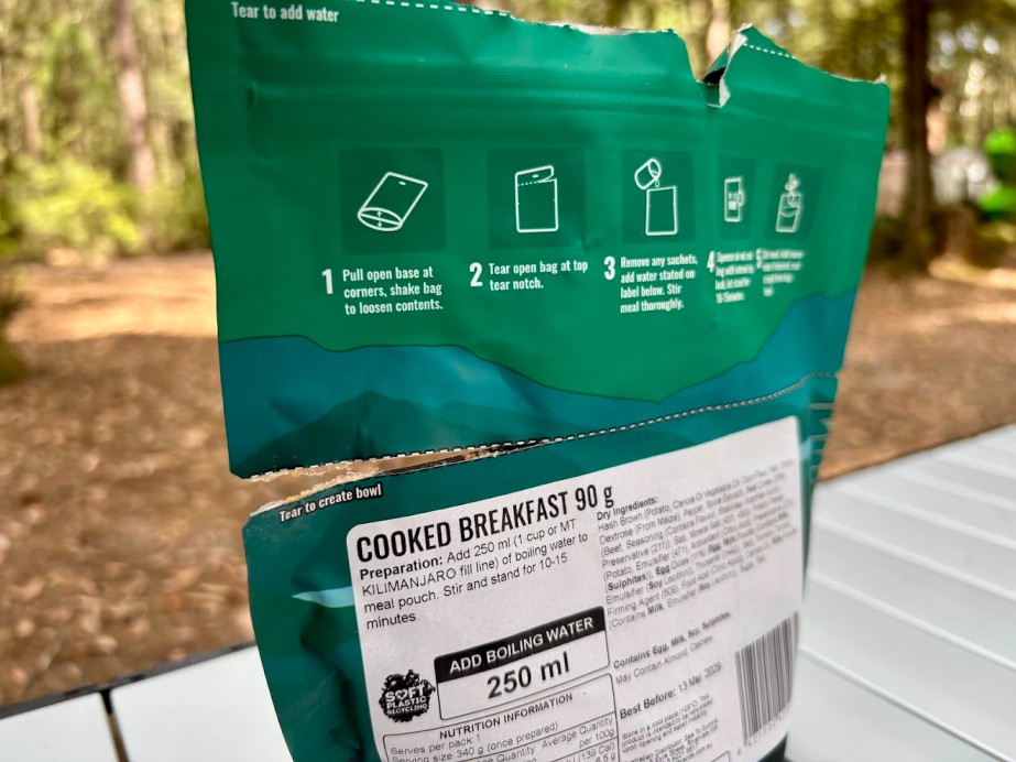 Easily tear off the top half of the Back Country cooked breakfast​ pouch after it's cooked which transforms the bottom half into a sturdy bowl