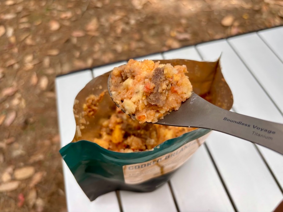 For a meal made with just hot water, the Back Country Cuisine cooked breakfast​ is surprisingly tasty, satisfying, and a fantastic warm start to the day