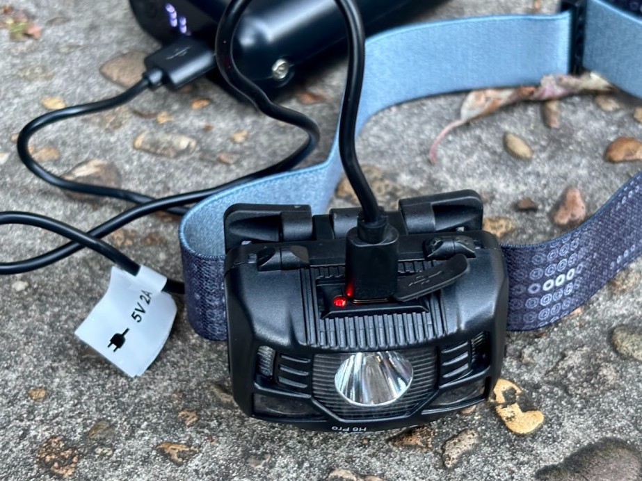 The 1200 mAh battery of the Everbeam H6 Pro Headlamp can be recharged with the included USB-C cable