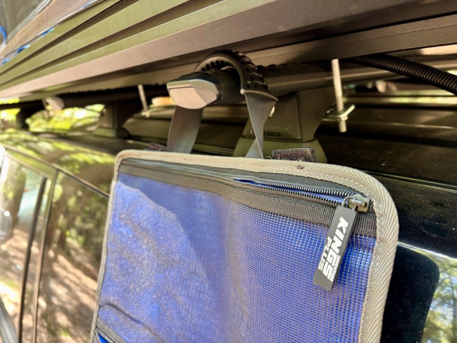 The Kings hanging camp caddy uses heavy-duty SBS zippers that glide smoothly and strong