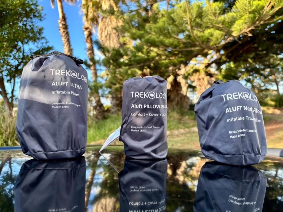 Comparing the packed size of the Trekology Aluft Ultra Inflatable Pillow, Aluft Pillow Deluxe and the Aluft Neck Pillow