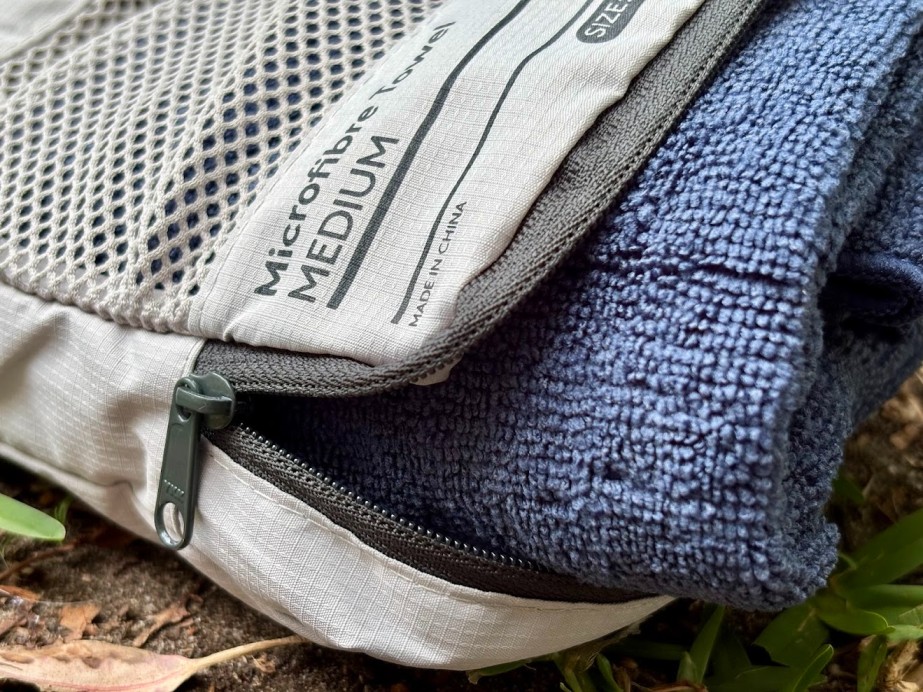 The Kathmandu microfibre towel is an 88% Polyester and 12% Nylon blend which gives the towel its fast-drying and highly absorbent properties