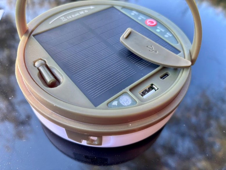 The SMY solar camping string lights are powered by a built-in 3600 mAh battery that also doubles as an emergency power bank (USB A & C)