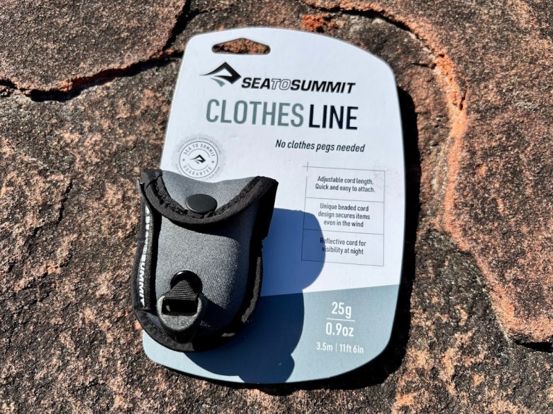 The Sea to Summit clothesline is a great pegless solution for drying your gear on the move