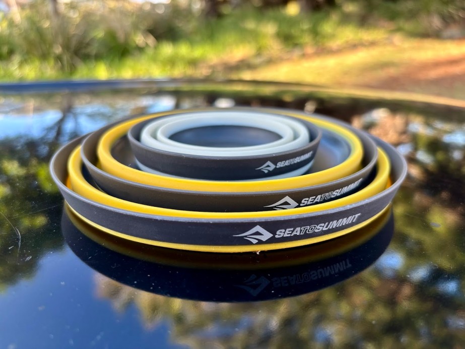 The Sea to Summit frontier ultralight collapsible dinnerware set nest perfectly together to a packed size of only 17.8 x 17.8 x 2.5 cm