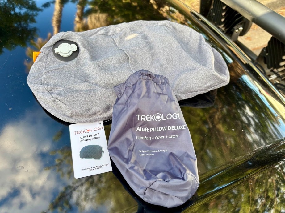 The Trekology Aluft Deluxe inflatable pillow weighs a mere 120 grams