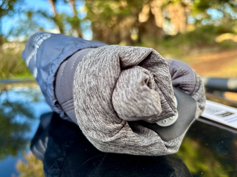 The Trekology Aluft Neck Pillow packs down to about 7.5 x 12 cm