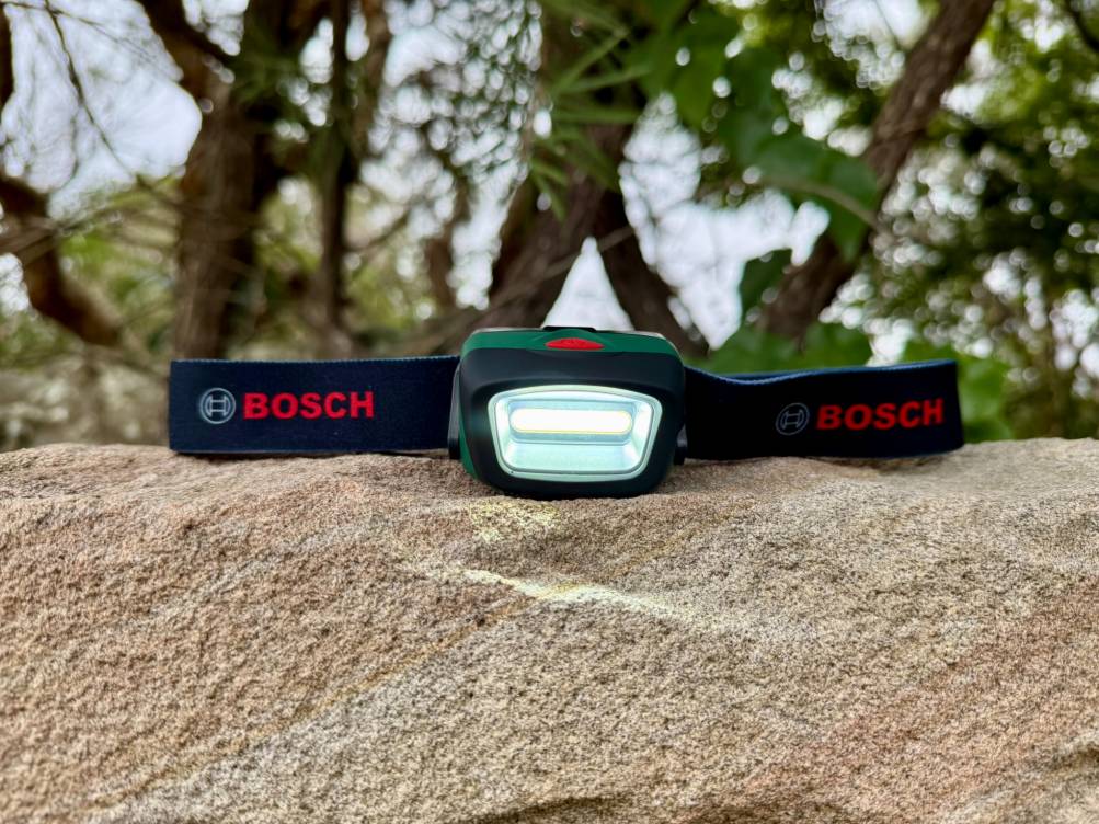 The Bosch LED headlamp provides a uniform wide beam that’s perfect for seeing the ground right in front of you or illuminating a workbench