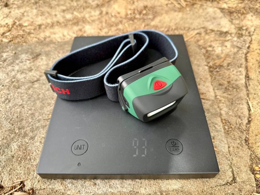 The Bosch headlamp weighs 93 grams (with batteries) so you practically forget you’re wearing it