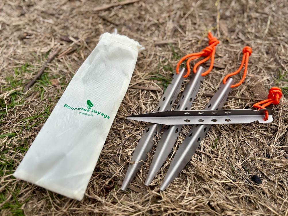 The Boundless Voyage titanium tent pegs come in a handy carry bag which is great for keeping them organised in your pack