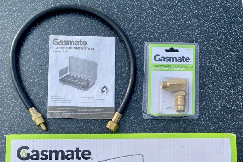 The Gasmate 2 burner stove comes with a hose to connect to a 3 8 inch BSP-LH cylinder