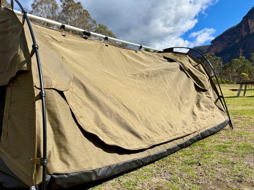 The Kings Big Daddy Deluxe Swag comes with large storm flaps for extra weatherproofing in a big downpour