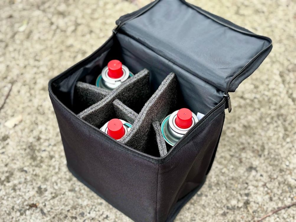 This butane gas canister storage bag is a simple solution designed to keep up to six canisters organized and protected