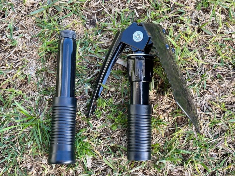 Unfolding the Coleman folding shovel is simple, just pivot the blade and the pick out and secure them using the positive locking collar